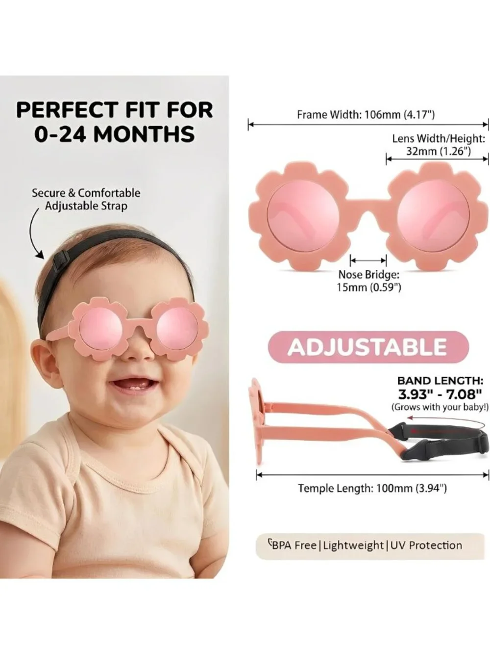 Polarized Infant Sunglasses with Strap - Unbreakable Floral Baby Shades 0-12M